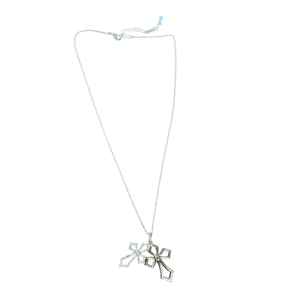 Double Cross Pendant Necklace Silver Tone Fashion Jewelry‎ Women